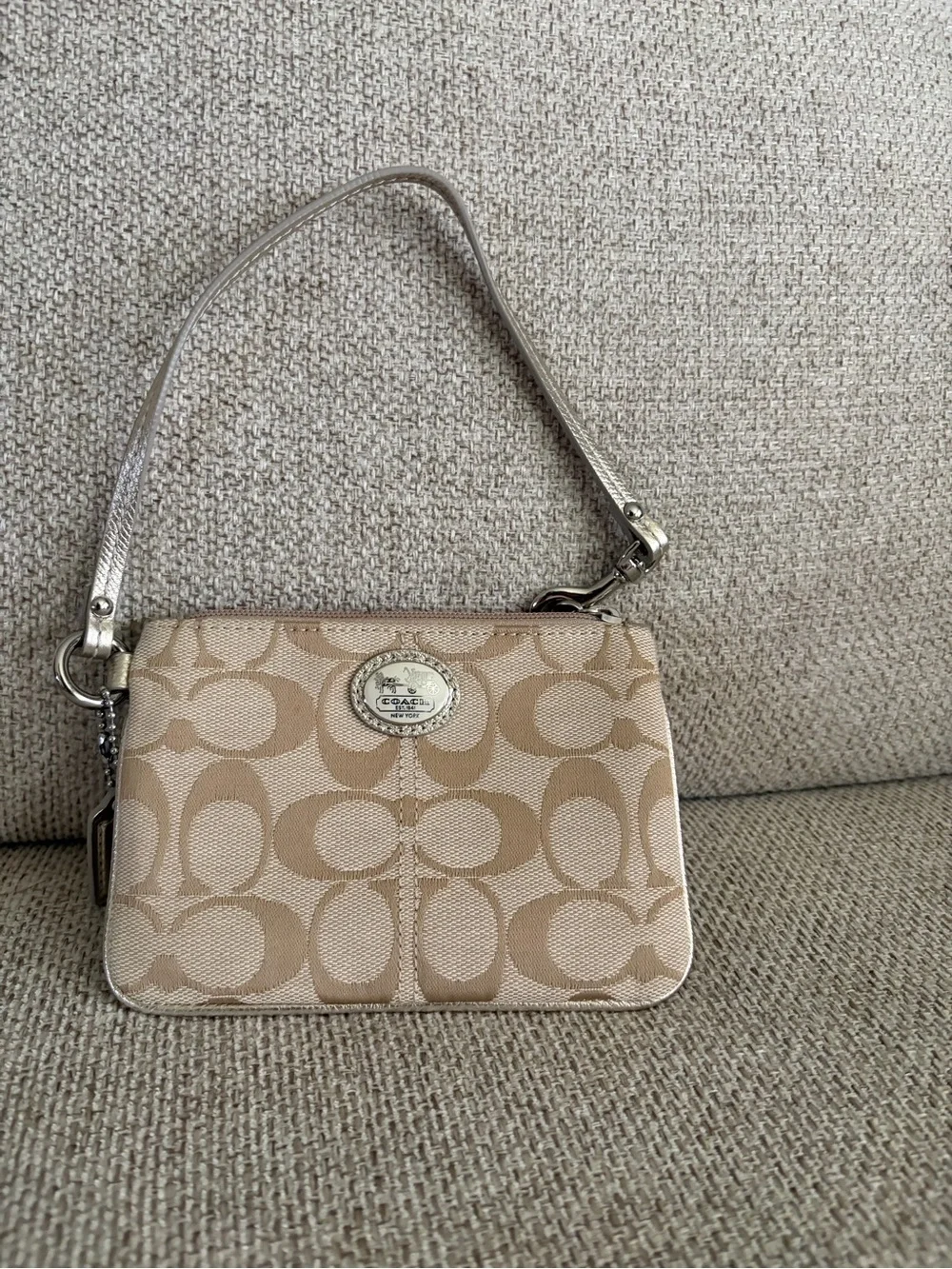 Coach Beige Signature Canvas Wristlet with Silver Strap